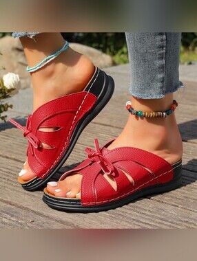 Women's Red Leather Slip-On Wedge Sandals with Bow Accent